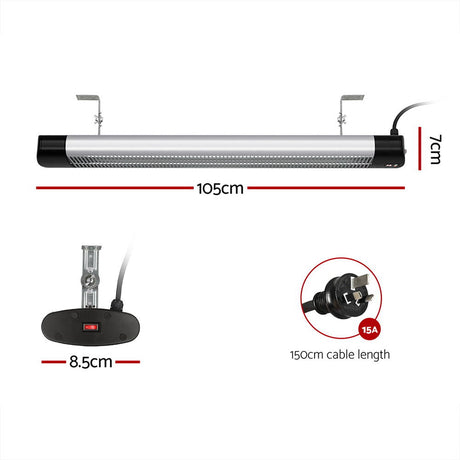 Radiant strip heater mounted on a wall with the carbon fibre elements glowing