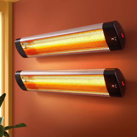 Black and silver 3000 W radiant strip heater, front view of the 105 cm unit
