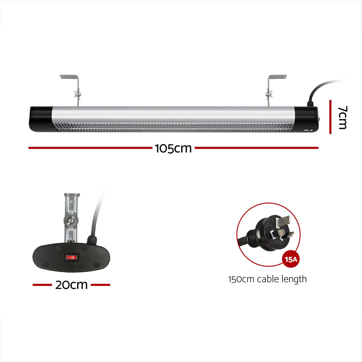 105 cm strip heater shown at an angle with adjustable swivel brackets