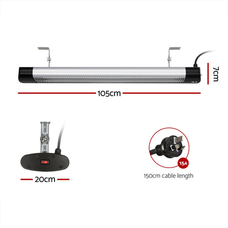 105 cm strip heater shown at an angle with adjustable swivel brackets