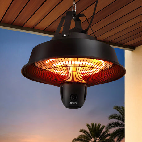 Black ceiling mounted infrared patio heater with suspension chain, front view