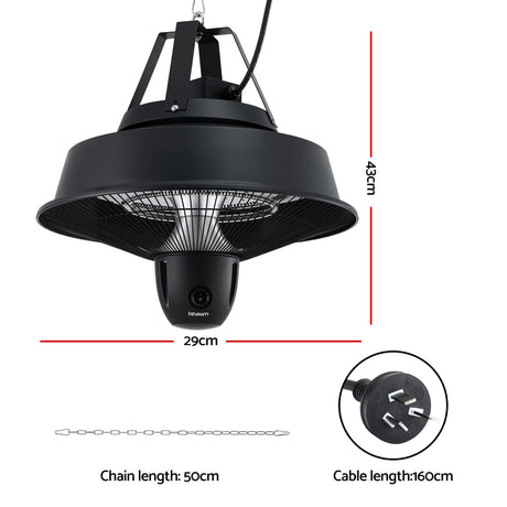 Hanging infrared heater shown at an angle in black metal finish