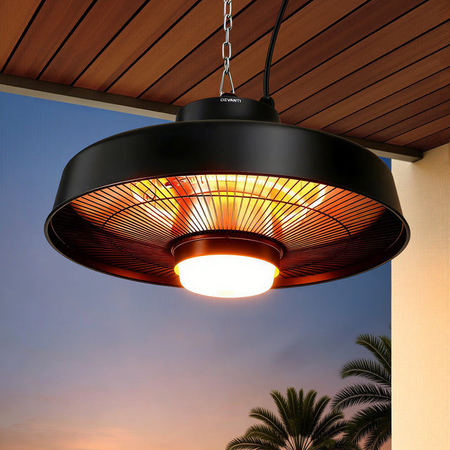 Black ceiling mounted infrared patio heater with built in LED light, front view