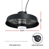 Hanging patio heater with LED ring shown at an angle in black steel
