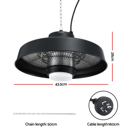 Hanging patio heater with LED ring shown at an angle in black steel