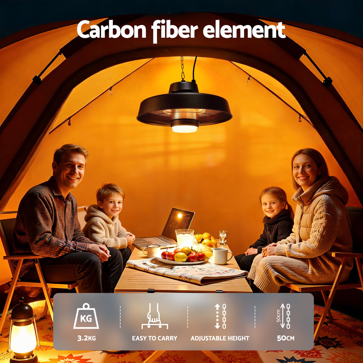 Patio heater with LED light hanging over an outdoor lounge setting at night