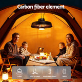 Patio heater with LED light hanging over an outdoor lounge setting at night