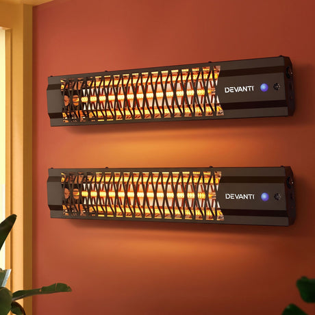 Black 2000 W infrared strip heater, front view of the 65 cm unit