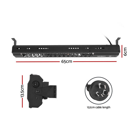 Slim black infrared strip heater shown at an angle with mounting brackets