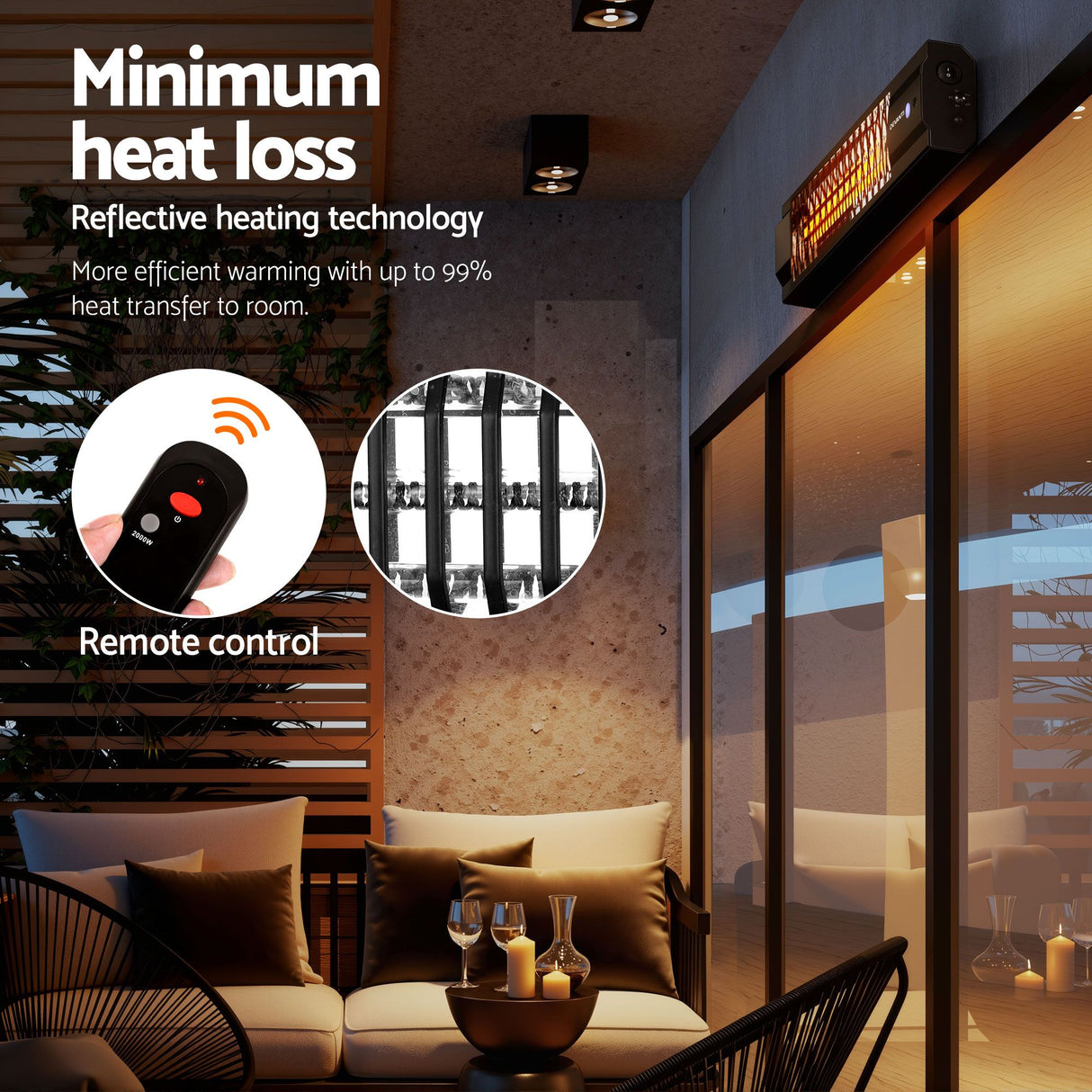Infrared strip heater wall mounted above a balcony seating area