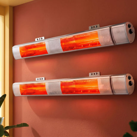 Silver 3000 W infrared strip heater, front view of the 95 cm aluminium unit