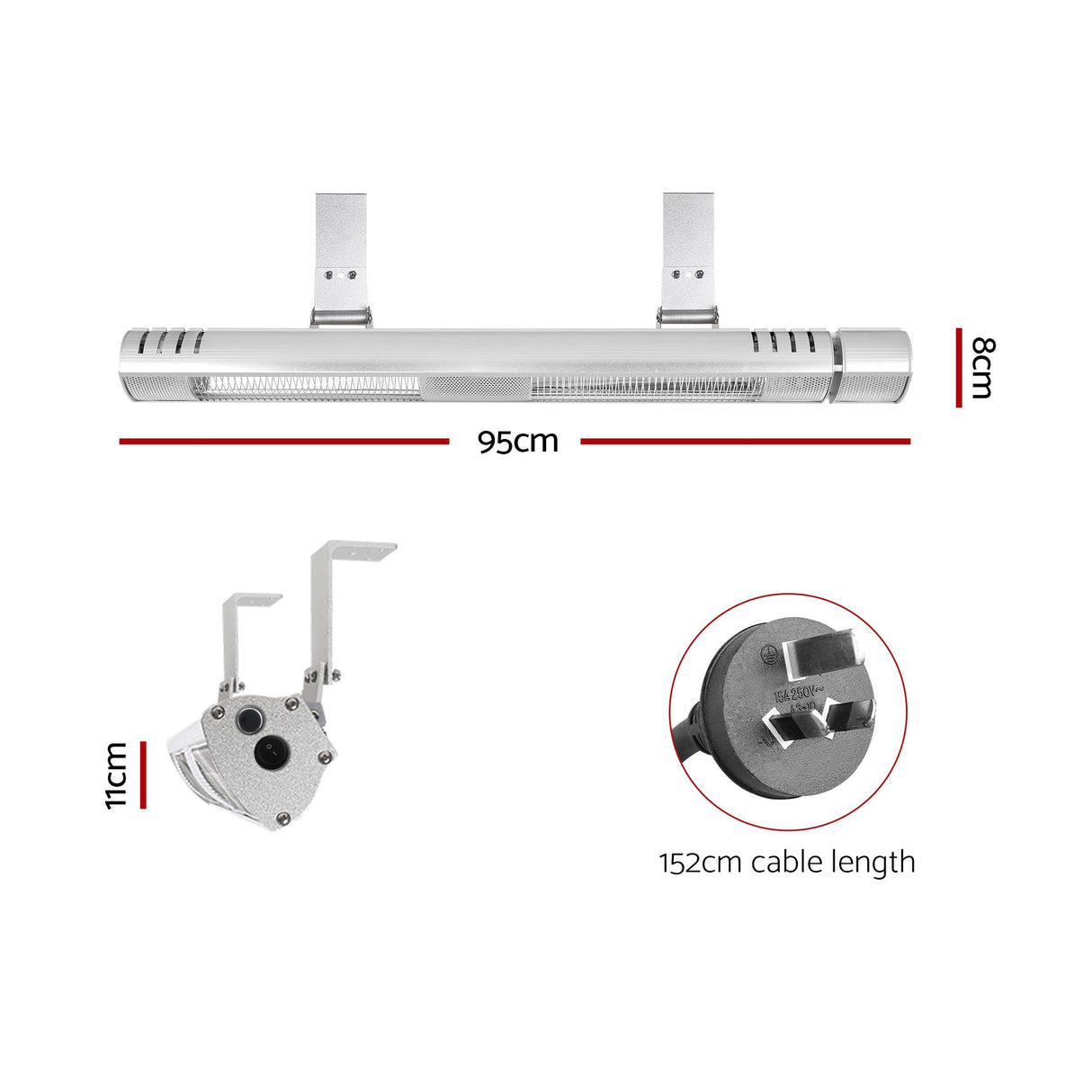 95 cm silver strip heater shown at an angle with swivel brackets