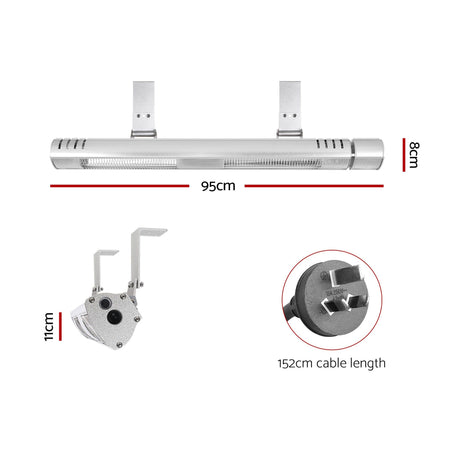 95 cm silver strip heater shown at an angle with swivel brackets