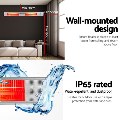 Installation guide showing 50 cm ceiling and 180 cm floor clearances