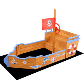 Wooden pirate boat sandpit with steering wheel and bench seats
