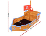 Wooden pirate boat sandpit with steering wheel and bench seats