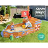 Wooden pirate boat sandpit with steering wheel and bench seats
