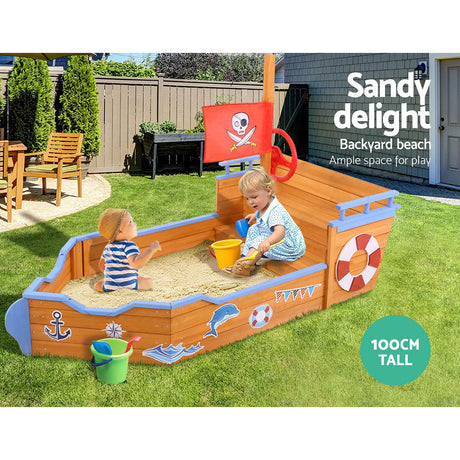 Wooden pirate boat sandpit with steering wheel and bench seats