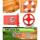 Wooden pirate boat sandpit with steering wheel and bench seats