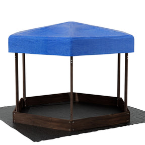 Wooden hexagon sandpit with canopy in walnut finish