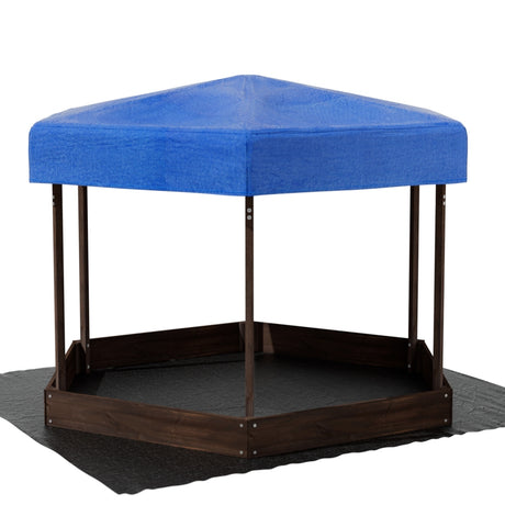 Wooden hexagon sandpit with canopy in walnut finish