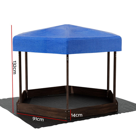 Wooden hexagon sandpit with canopy in walnut finish