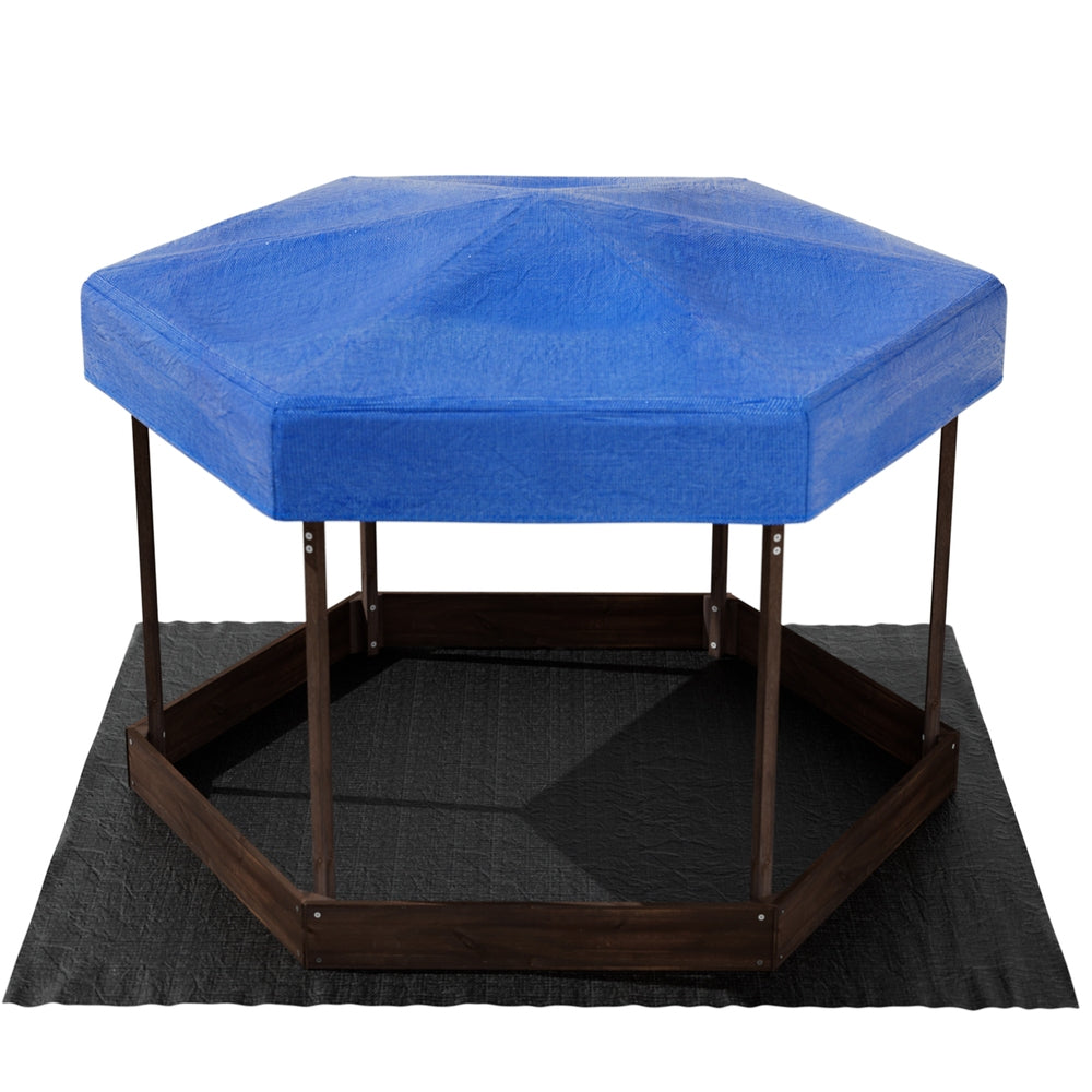 Wooden hexagon sandpit with canopy in walnut finish