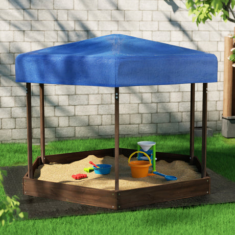 Wooden hexagon sandpit with canopy in walnut finish