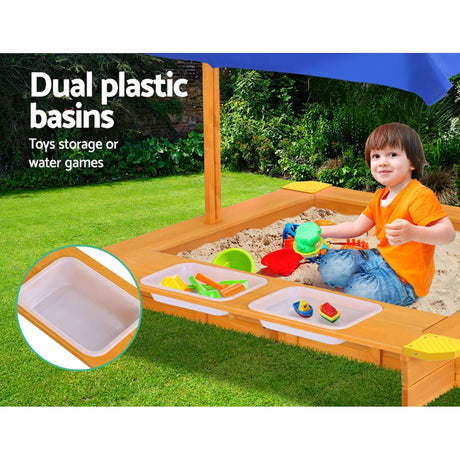 Wooden Sandpit with Adjustable Canopy and Dual Basins, 103cm