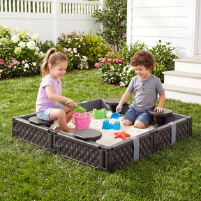 Kids square outdoor sandpit with 4 seats in brown