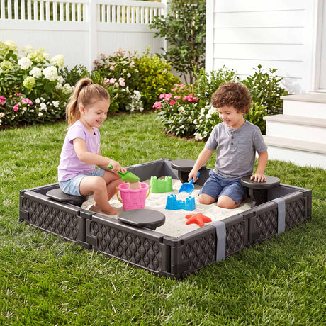 Kids square outdoor sandpit with 4 seats in brown