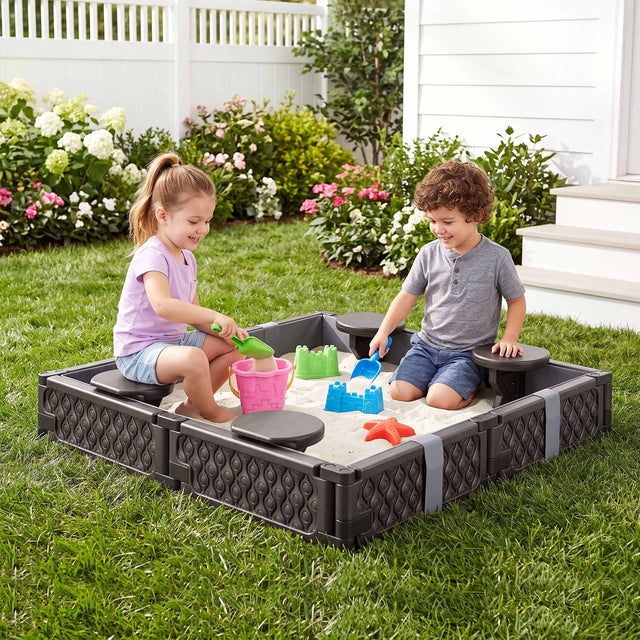 Kids square outdoor sandpit with 4 seats in brown
