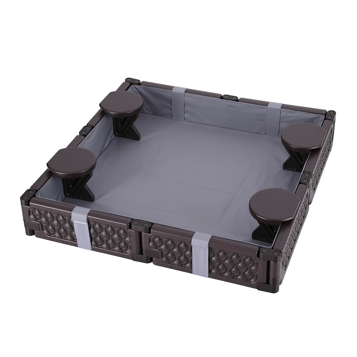 Square sandpit with grey cloth cover