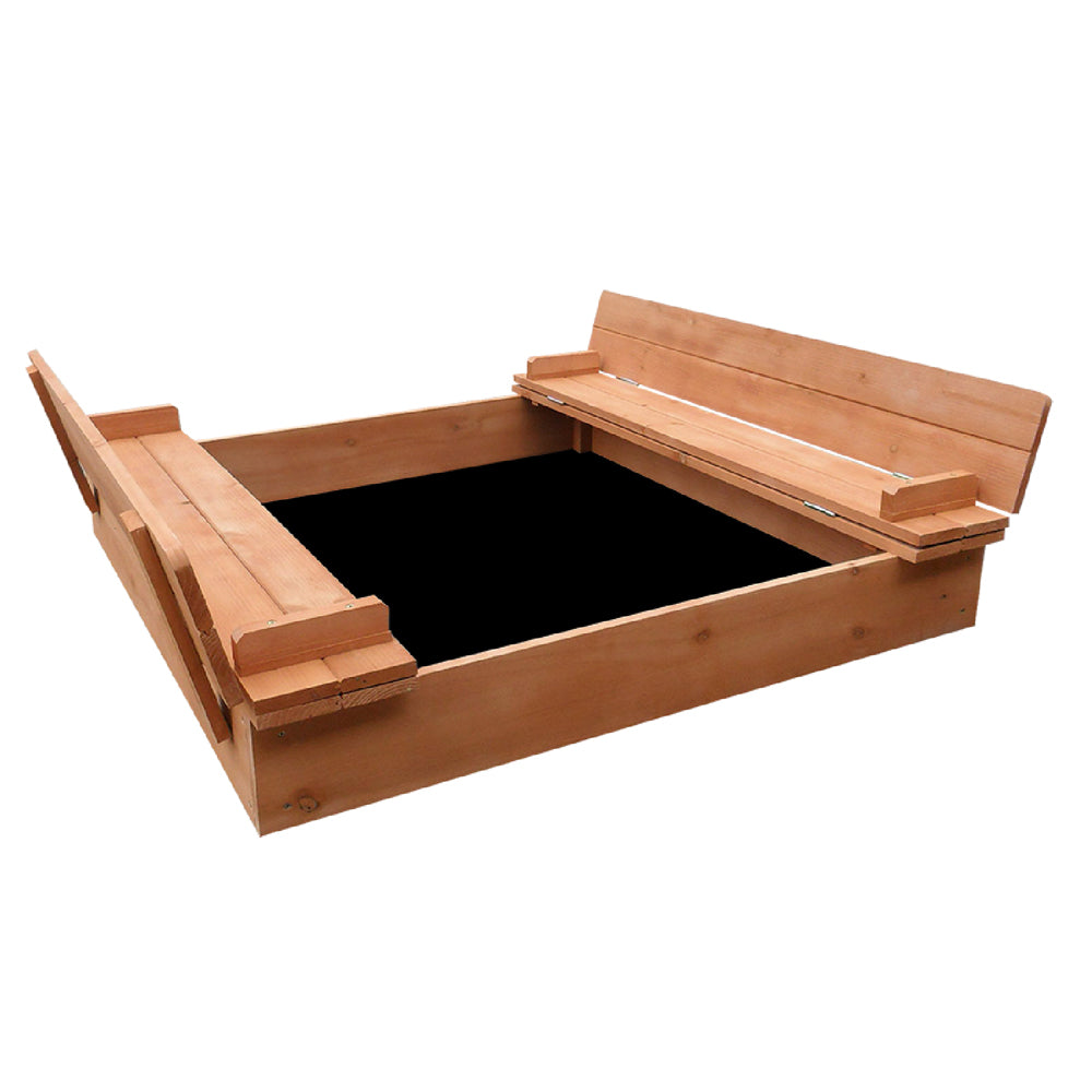 Wooden square sandpit with foldable bench seats