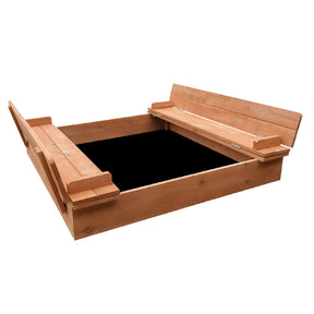 Wooden square sandpit with foldable bench seats