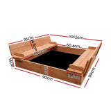 Wooden square sandpit with foldable bench seats