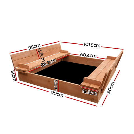 Wooden square sandpit with foldable bench seats