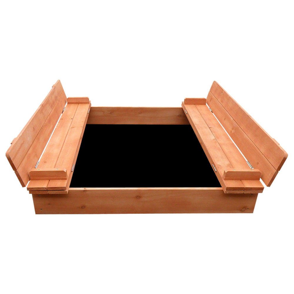 Wooden square sandpit with foldable bench seats