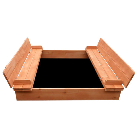 Wooden square sandpit with foldable bench seats
