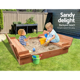 Wooden square sandpit with foldable bench seats