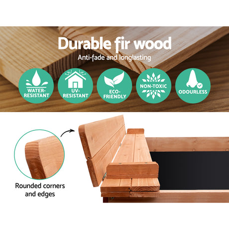 Wooden square sandpit with foldable bench seats
