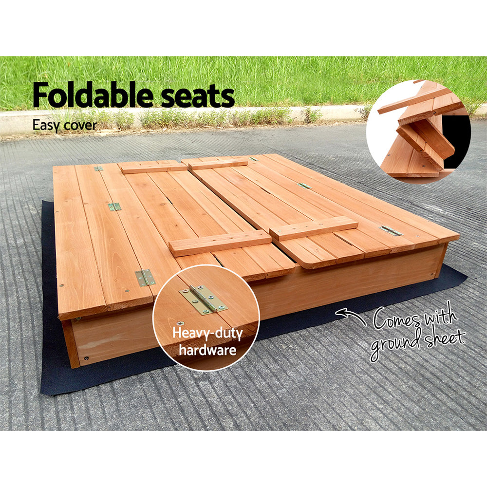Wooden square sandpit with foldable bench seats