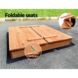 Wooden square sandpit with foldable bench seats