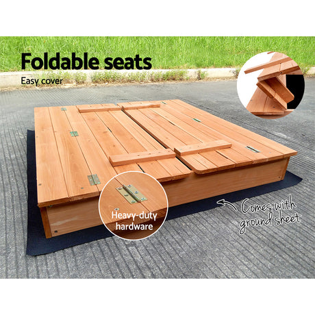 Wooden square sandpit with foldable bench seats