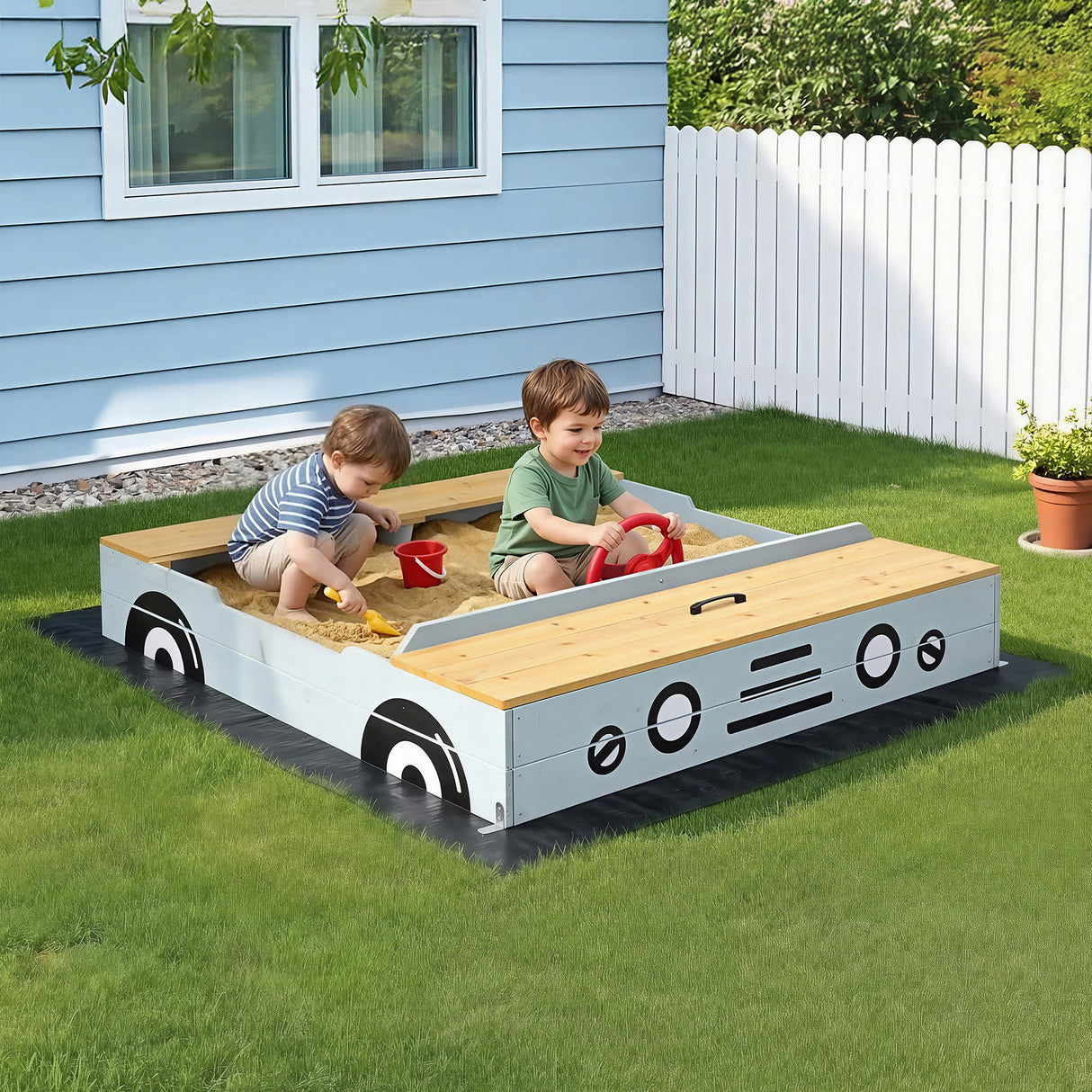 Wooden car sandpit with storage and ground sheet