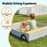Wooden car sandpit painted headlights and tyres