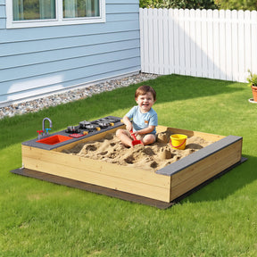 2 in 1 wooden sandpit and mud kitchen with sink and storage bench