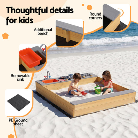 Children playing at wooden sandpit mud kitchen