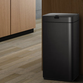 Queenstown black steel 45L motion sensor kitchen bin in a contemporary kitchen