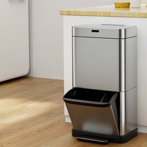 Queenstown silver steel 70L sensor and pedal dual compartment bin in a modern kitchen